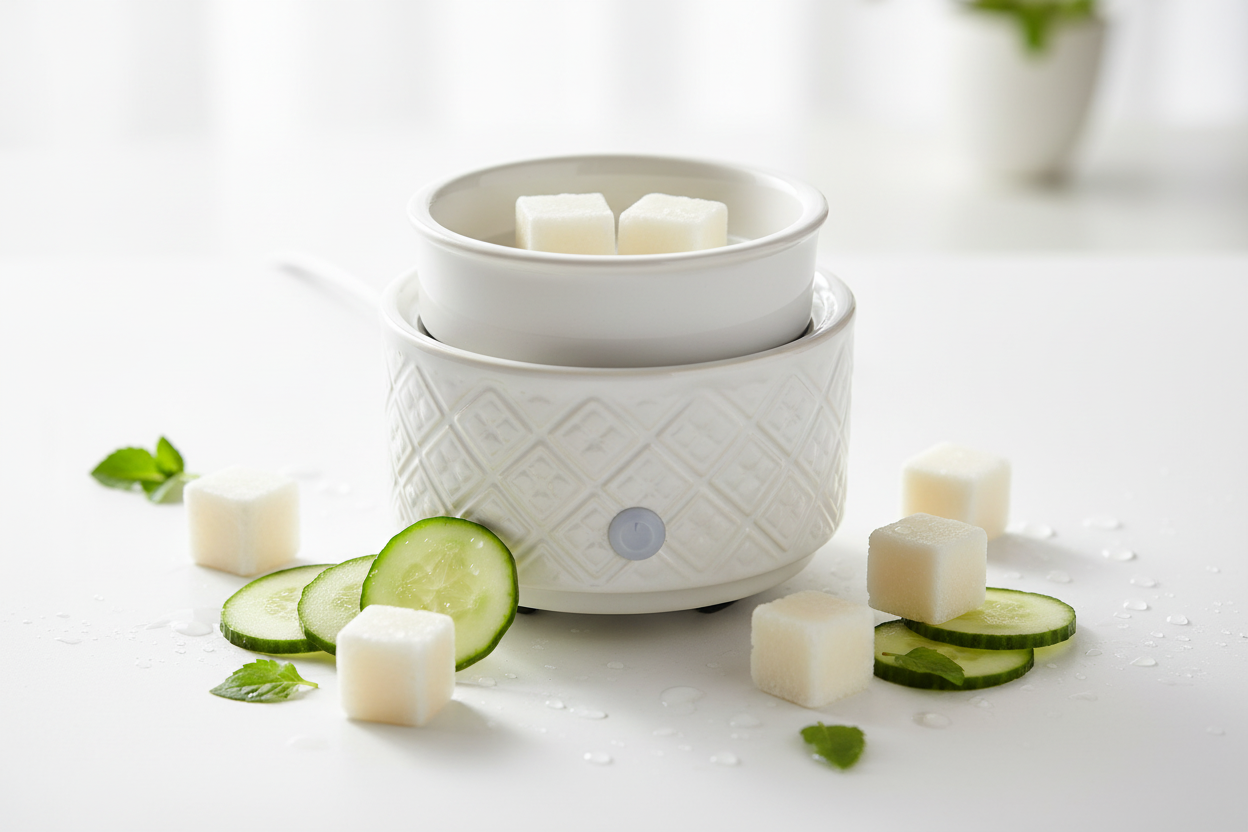 Diffuseur blanc avec 2 cubes de cire concombre dans la coupelle